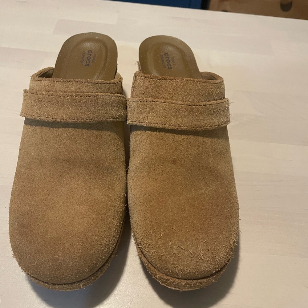 EUC Crocs Suede Mules, Brown